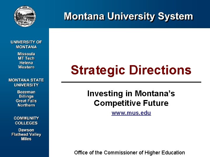 Strategic Directions Investing in Montana’s Competitive Future www. mus. edu Office of the Commissioner