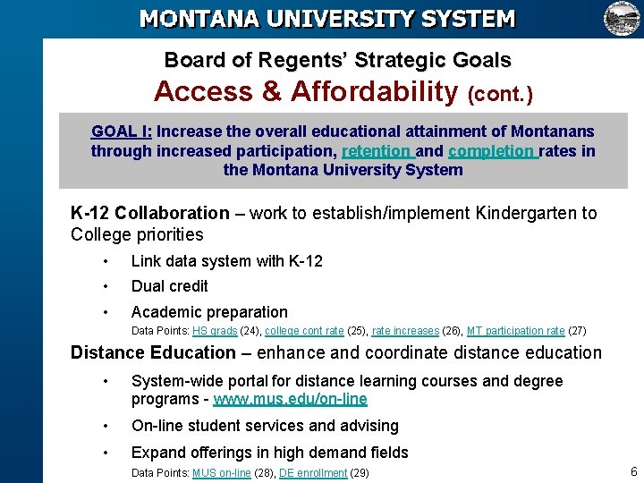 Board of Regents’ Strategic Goals Access & Affordability (cont. ) GOAL I: Increase the