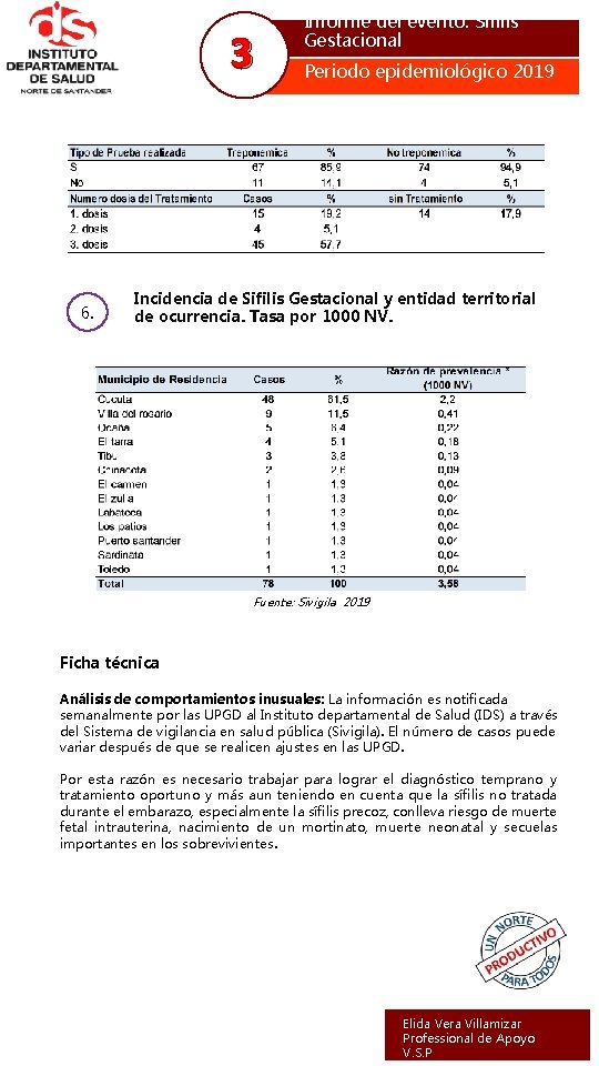 3 6. Informe del evento: Sifilis Gestacional Periodo epidemiológico 2019 Incidencia de Sifilis Gestacional
