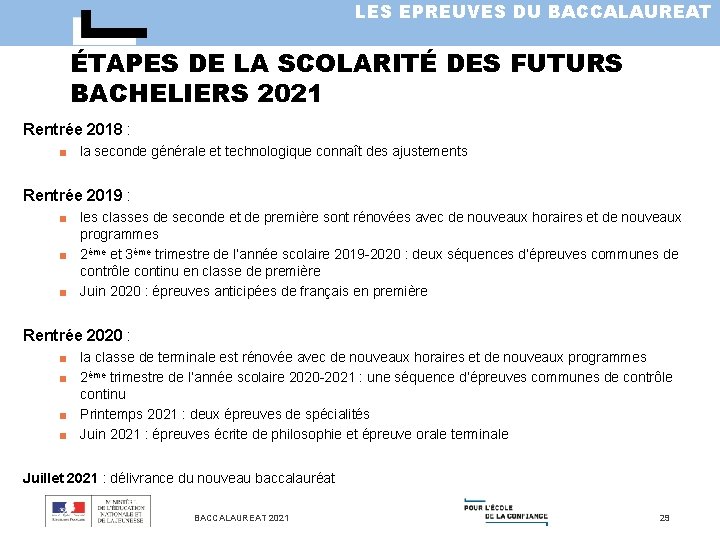 LES EPREUVES DU BACCALAUREAT ÉTAPES DE LA SCOLARITÉ DES FUTURS BACHELIERS 2021 Rentrée 2018