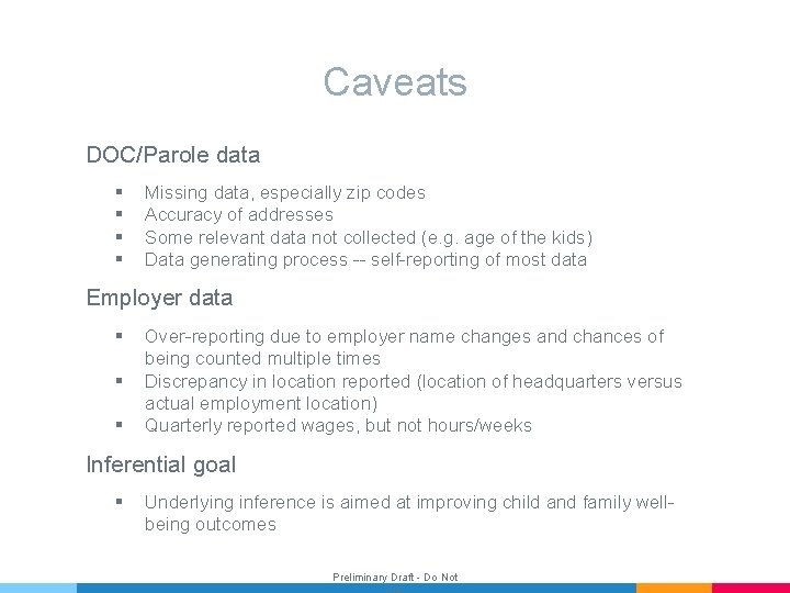 Caveats DOC/Parole data § § Missing data, especially zip codes Accuracy of addresses Some