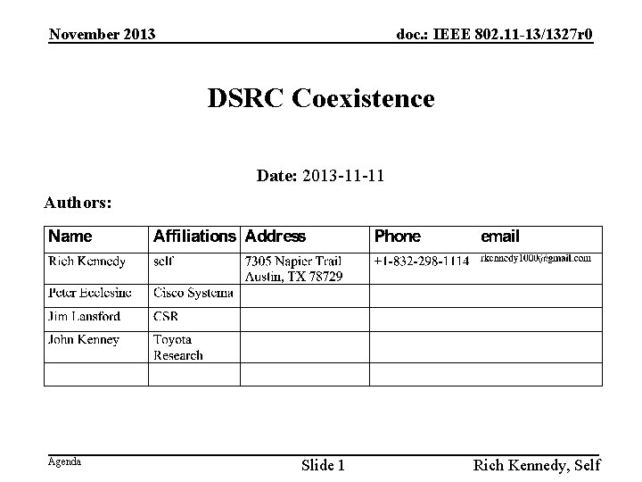 November 2013 doc. : IEEE 802. 11 -13/1327 r 0 DSRC Coexistence Date: 2013