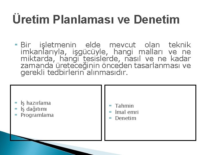 Üretim Planlaması ve Denetim Bir işletmenin elde mevcut olan teknik imkanlarıyla, işgücüyle, hangi malları