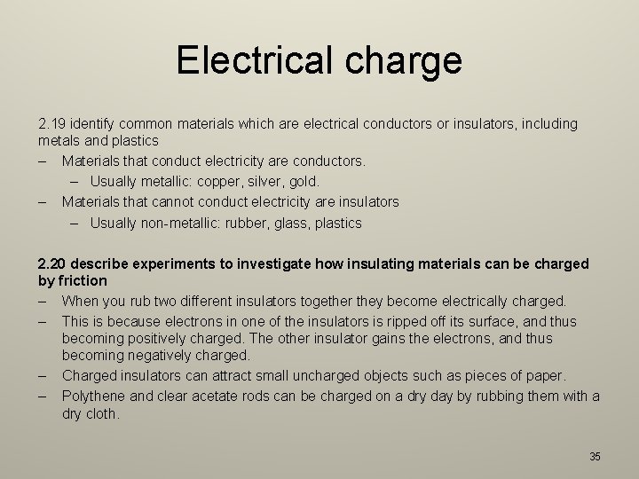 Electrical charge 2. 19 identify common materials which are electrical conductors or insulators, including