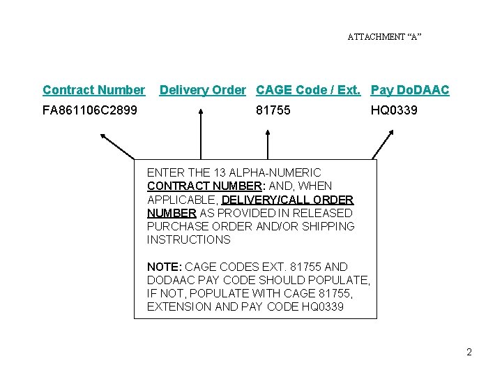 ATTACHMENT “A” Contract Number FA 861106 C 2899 Delivery Order CAGE Code / Ext.