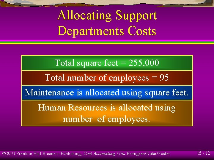 Allocating Support Departments Costs Total square feet = 255, 000 Total number of employees