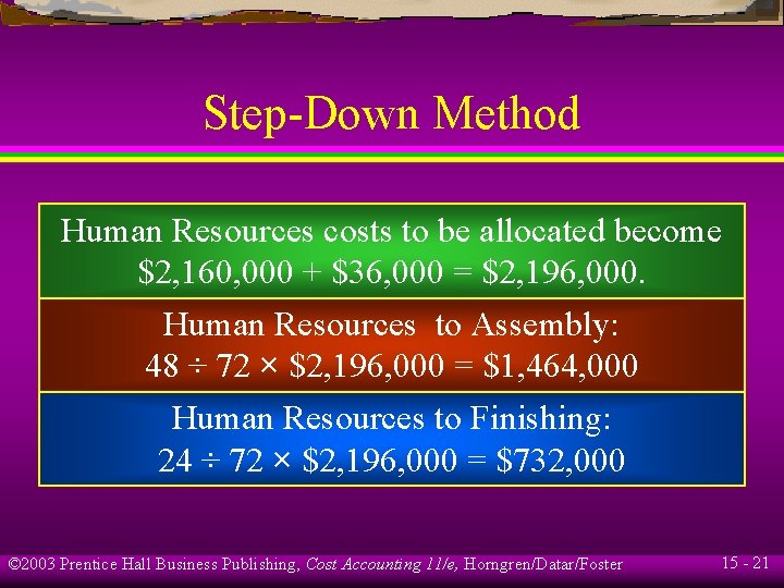 Step-Down Method Human Resources costs to be allocated become $2, 160, 000 + $36,