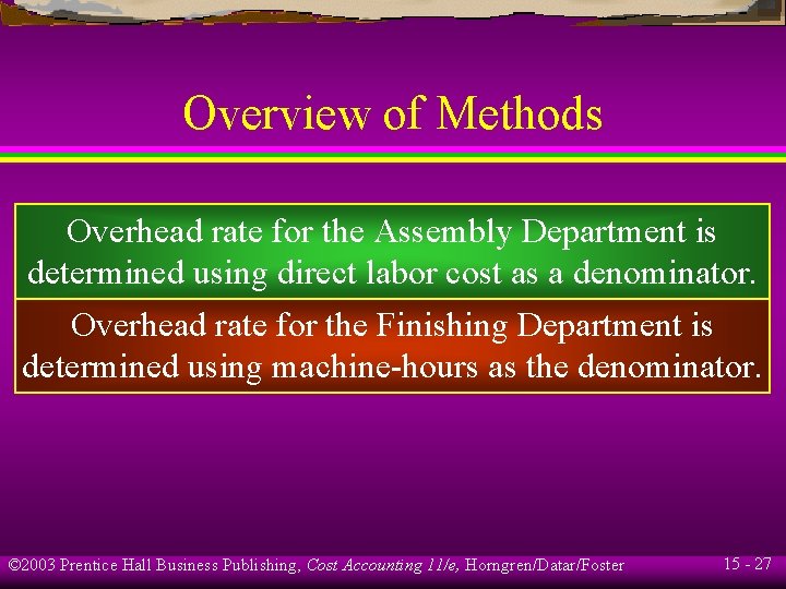 Overview of Methods Overhead rate for the Assembly Department is determined using direct labor