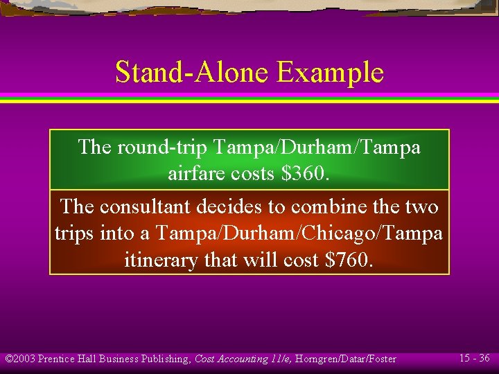Stand-Alone Example The round-trip Tampa/Durham/Tampa airfare costs $360. The consultant decides to combine the