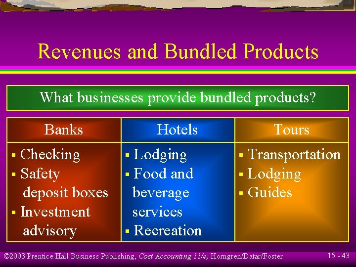 Revenues and Bundled Products What businesses provide bundled products? Banks Checking § Safety deposit