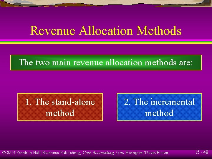 Revenue Allocation Methods The two main revenue allocation methods are: 1. The stand-alone method