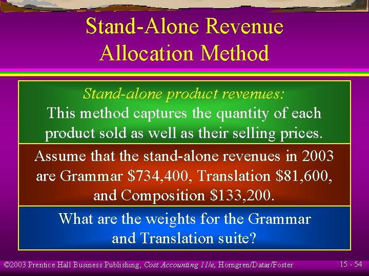 Stand-Alone Revenue Allocation Method Stand-alone product revenues: This method captures the quantity of each