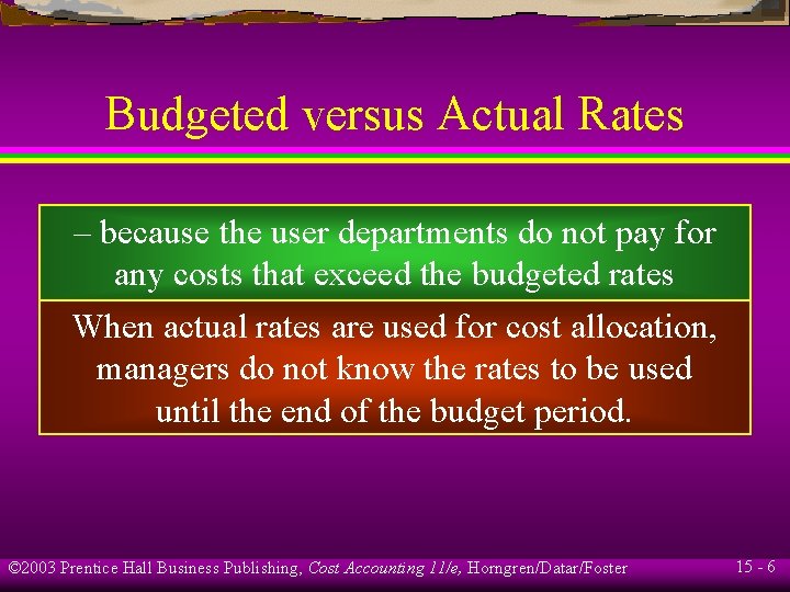 Budgeted versus Actual Rates – because the user departments do not pay for any
