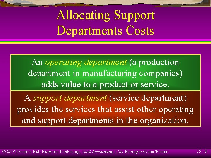Allocating Support Departments Costs An operating department (a production department in manufacturing companies) adds