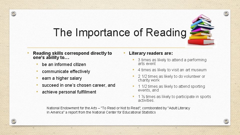 The Importance of Reading • Reading skills correspond directly to one’s ability to… •