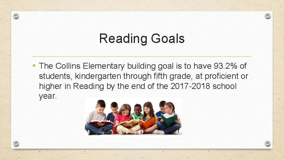 Reading Goals • The Collins Elementary building goal is to have 93. 2% of