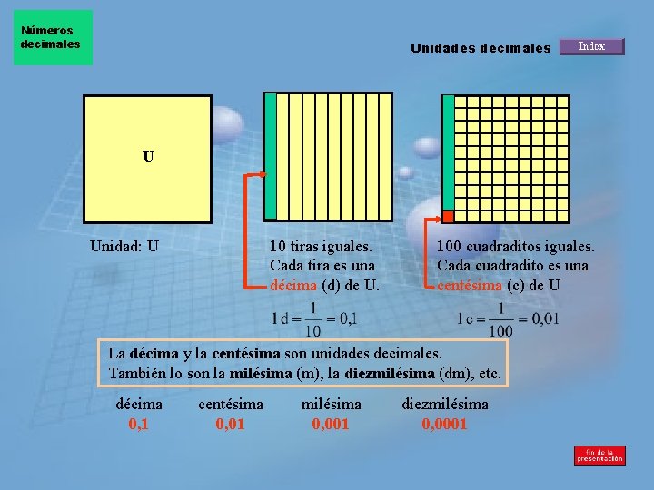 Números decimales Unidades decimales U Unidad: U 10 tiras iguales. Cada tira es una