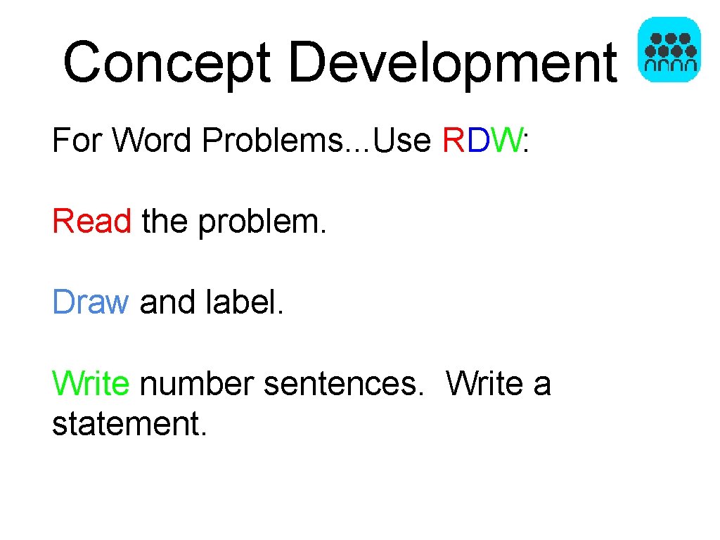 Concept Development For Word Problems. . . Use RDW: Read the problem. Draw and