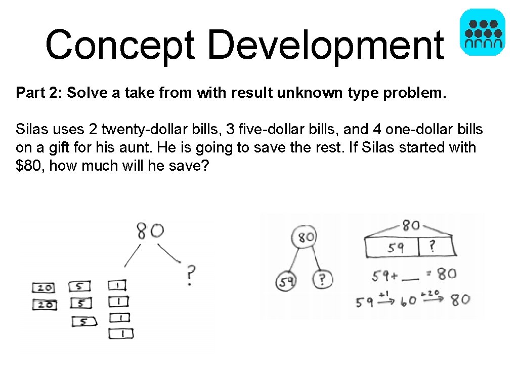 Concept Development Part 2: Solve a take from with result unknown type problem. Silas