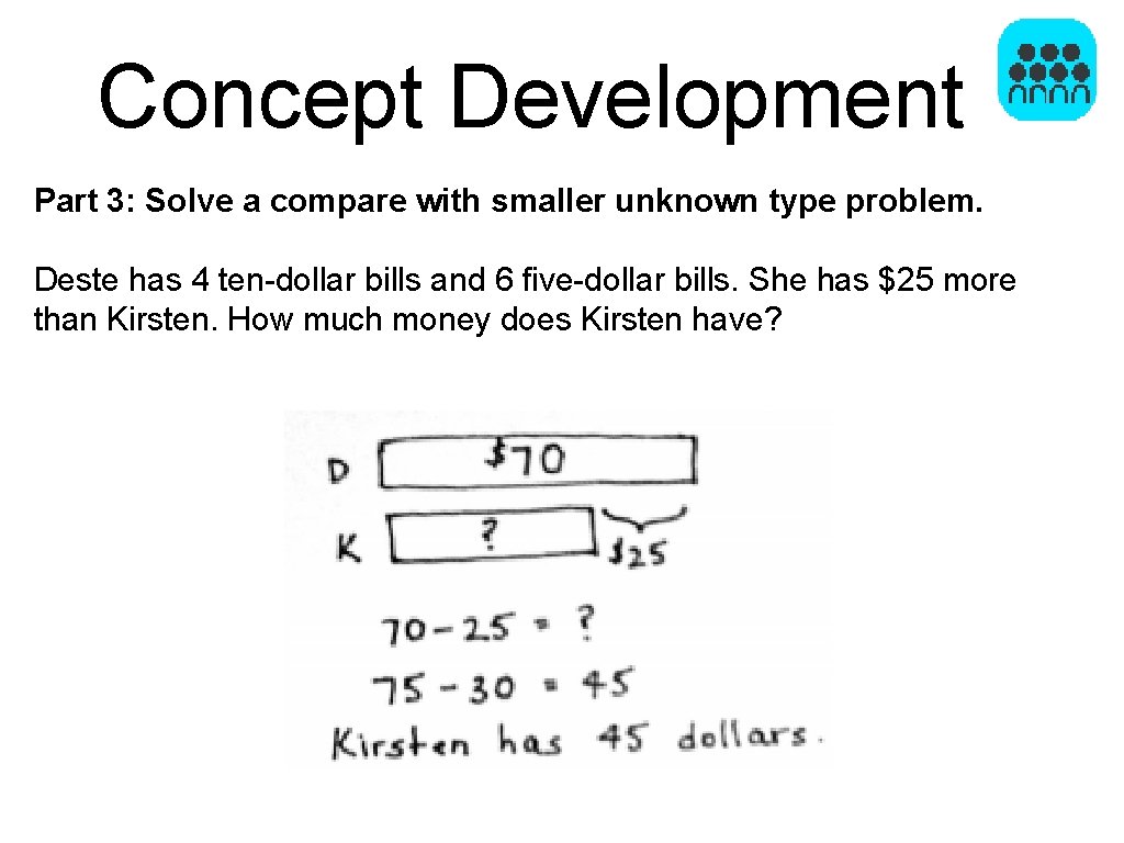 Concept Development Part 3: Solve a compare with smaller unknown type problem. Deste has