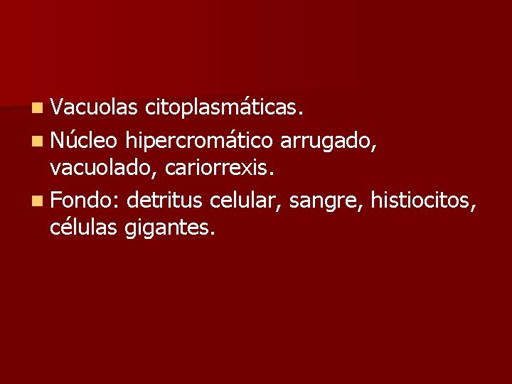 n Vacuolas citoplasmáticas. n Núcleo hipercromático arrugado, vacuolado, cariorrexis. n Fondo: detritus celular, sangre,