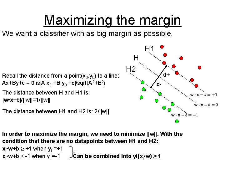 Maximizing the margin We want a classifier with as big margin as possible. H