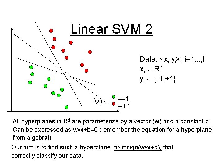 Linear SVM 2 Data: <xi, yi>, i=1, . . , l xi R d