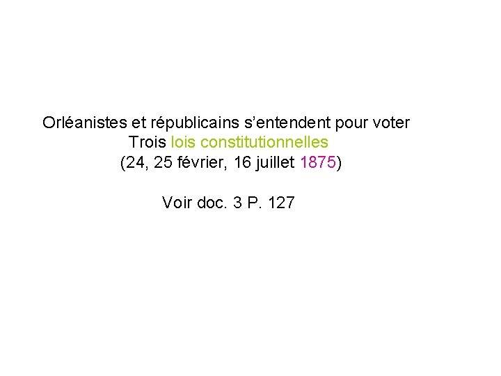 Orléanistes et républicains s’entendent pour voter Trois lois constitutionnelles (24, 25 février, 16 juillet