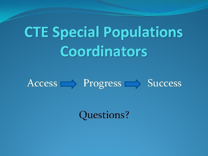CTE Special Populations Coordinators Access Progress Questions? Success 