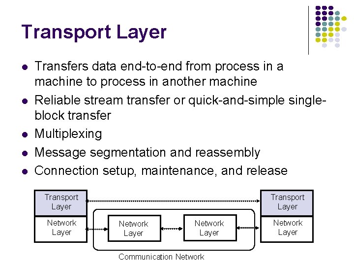 Transport Layer Transfers data end-to-end from process in a machine to process in another
