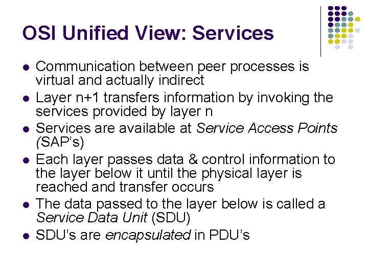 OSI Unified View: Services Communication between peer processes is virtual and actually indirect Layer