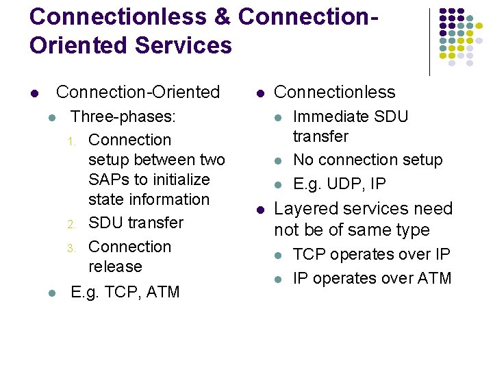 Connectionless & Connection. Oriented Services Connection-Oriented Three-phases: 1. Connection setup between two SAPs to