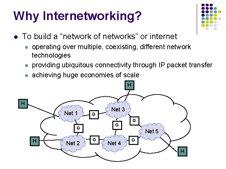 Why Internetworking? To build a “network of networks” or internet operating over multiple, coexisting,