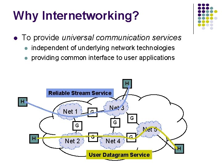 Why Internetworking? To provide universal communication services independent of underlying network technologies providing common