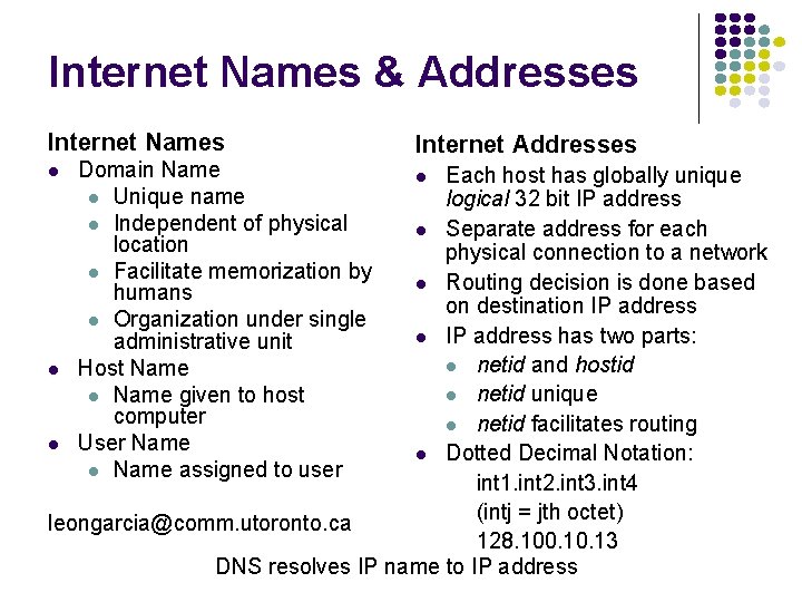 Internet Names & Addresses Internet Names Domain Name Unique name Independent of physical location