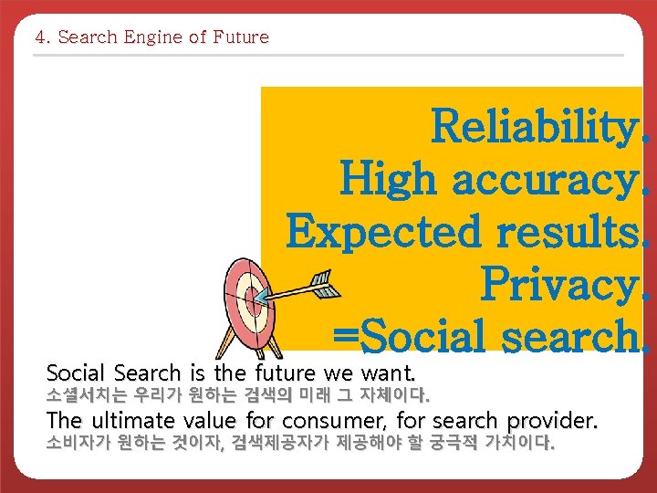 4. Search Engine of Future Reliability. High accuracy. Expected results. Privacy. =Social search. Social