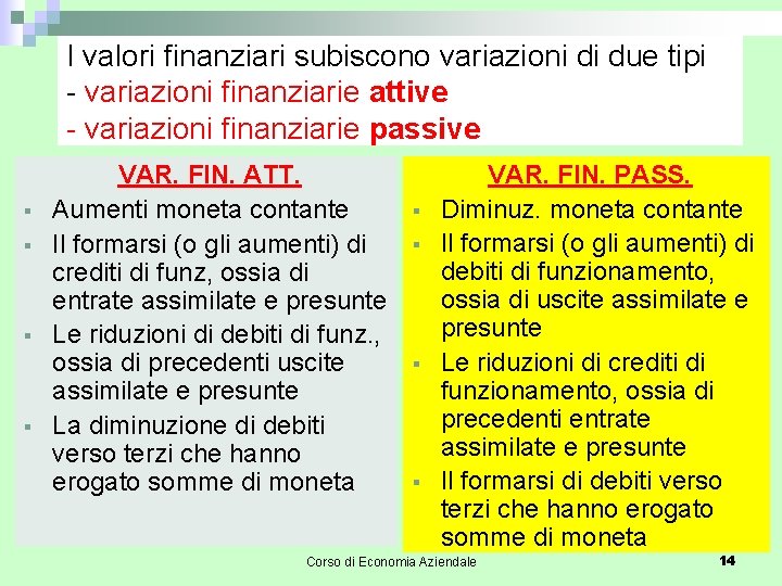 I valori finanziari subiscono variazioni di due tipi - variazioni finanziarie attive - variazioni