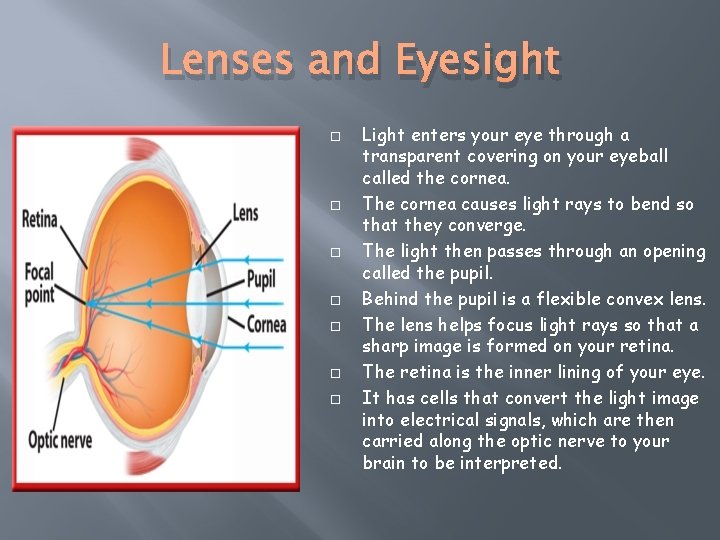 Lenses and Eyesight Light enters your eye through a transparent covering on your eyeball