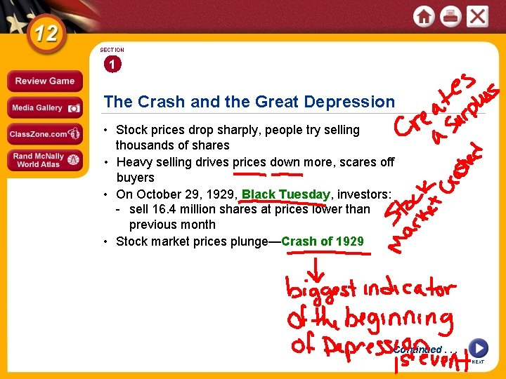 SECTION 1 The Crash and the Great Depression • Stock prices drop sharply, people