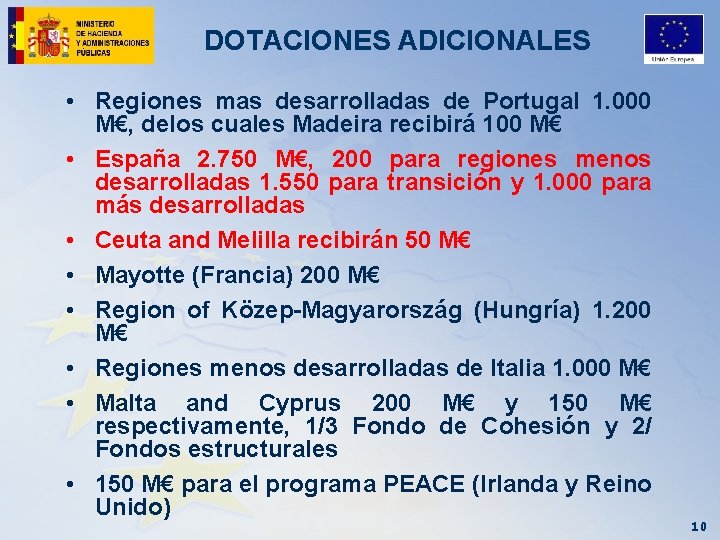 DOTACIONES ADICIONALES • Regiones mas desarrolladas de Portugal 1. 000 M€, delos cuales Madeira