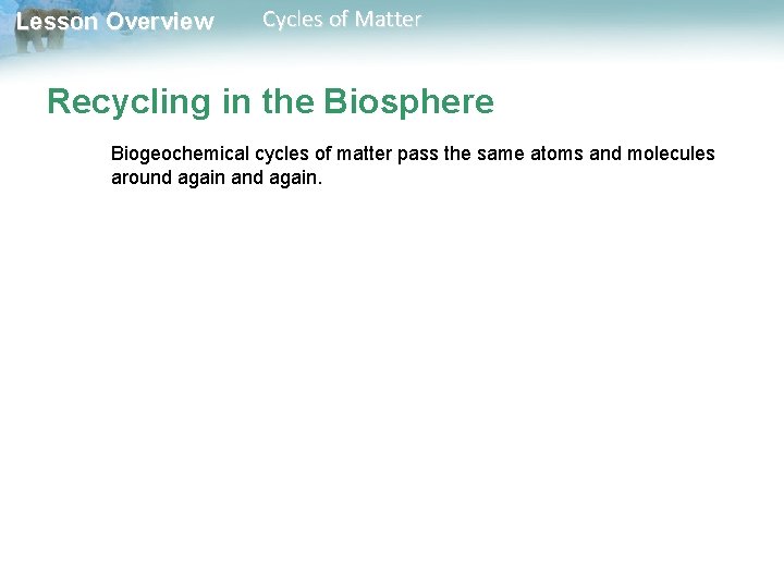 Lesson Overview Cycles of Matter Recycling in the Biosphere Biogeochemical cycles of matter pass