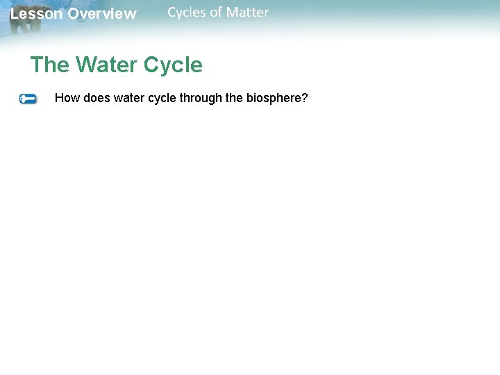 Lesson Overview Cycles of Matter The Water Cycle How does water cycle through the