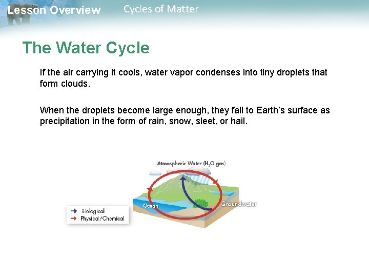 Lesson Overview Cycles of Matter The Water Cycle If the air carrying it cools,