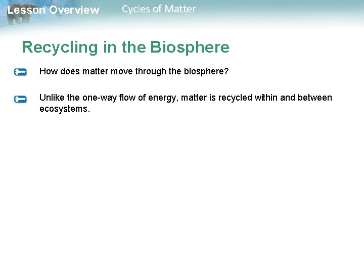 Lesson Overview Cycles of Matter Recycling in the Biosphere How does matter move through