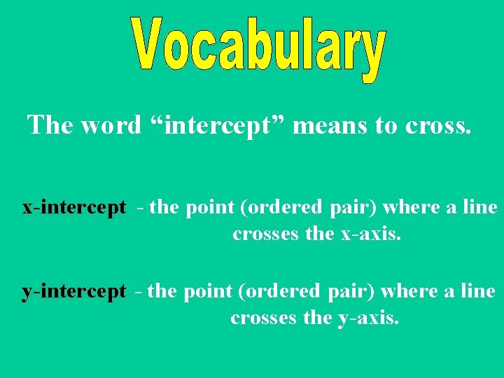 The word “intercept” means to cross. x-intercept - the point (ordered pair) where a