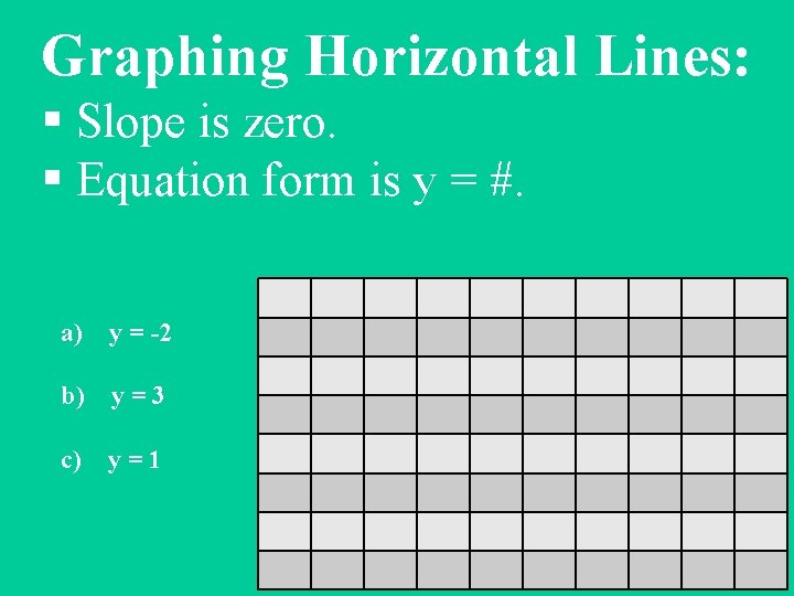 Graphing Horizontal Lines: § Slope is zero. § Equation form is y = #.