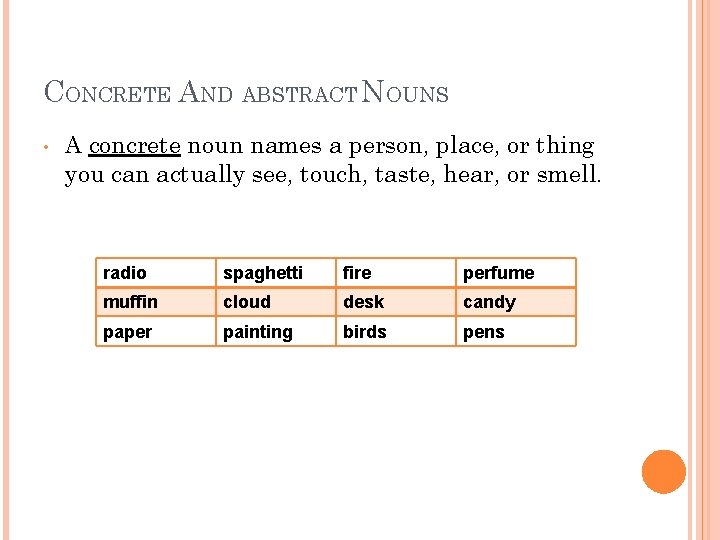 CONCRETE AND ABSTRACT NOUNS • A concrete noun names a person, place, or thing
