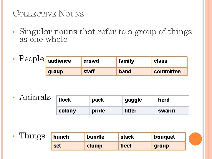 COLLECTIVE NOUNS • Singular nouns that refer to a group of things as one