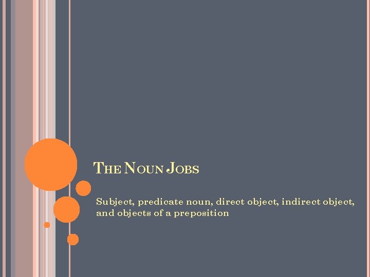 THE NOUN JOBS Subject, predicate noun, direct object, indirect object, and objects of a