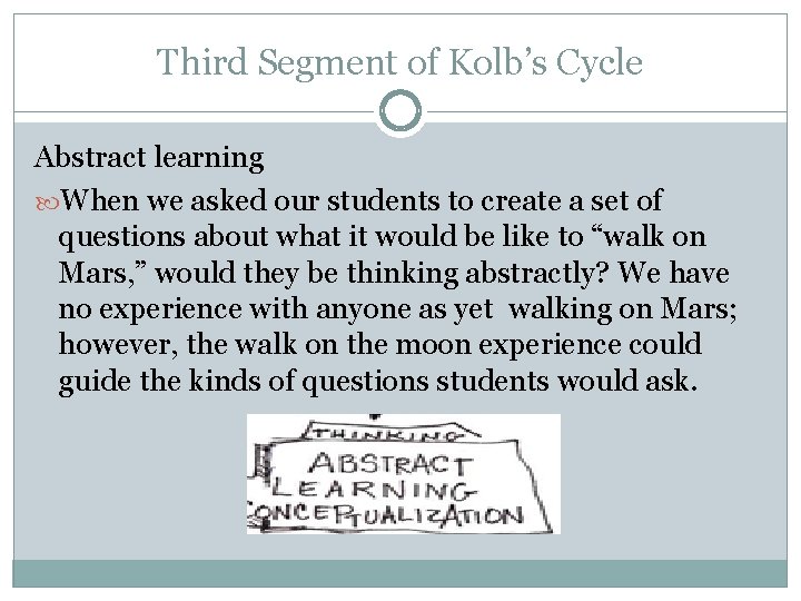 Third Segment of Kolb’s Cycle Abstract learning When we asked our students to create